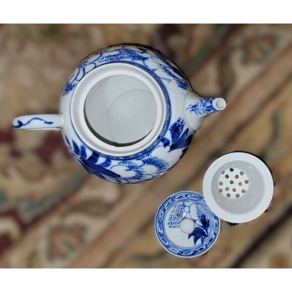 Japanese Meiji Teapot VTG Hand Painted, Sometsuke Blue & White, w Strainer - Picture 6 of 15